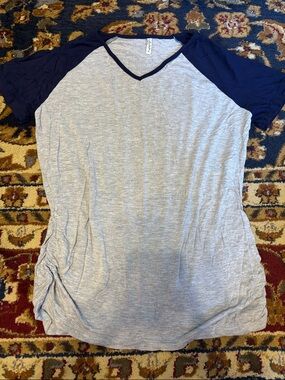 Mother Bee Maternity Gray Body Navy Short Sleeve V-Neck Tee